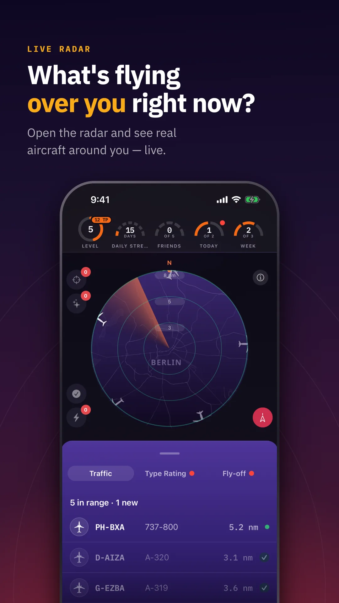 What's flying over you right now? — Open the radar and see real aircraft around you — live.