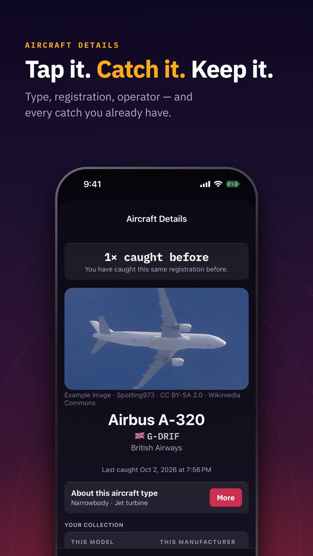 Tap it. Catch it. Keep it. — Type, registration, operator — and every catch you already have.