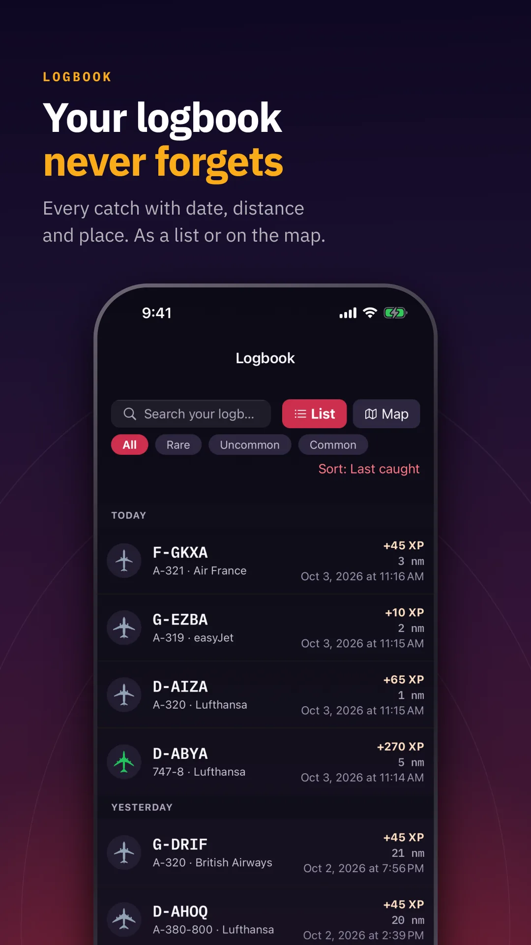 Your logbook never forgets — Every catch with date, distance and place. As a list or on the map.