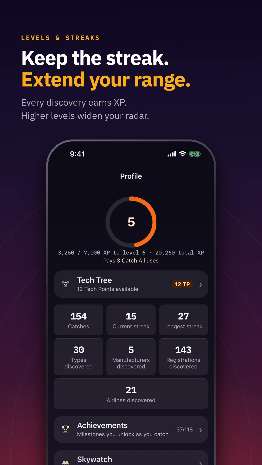 Keep the streak. Extend your range. — Every discovery earns XP. Higher levels widen your radar.